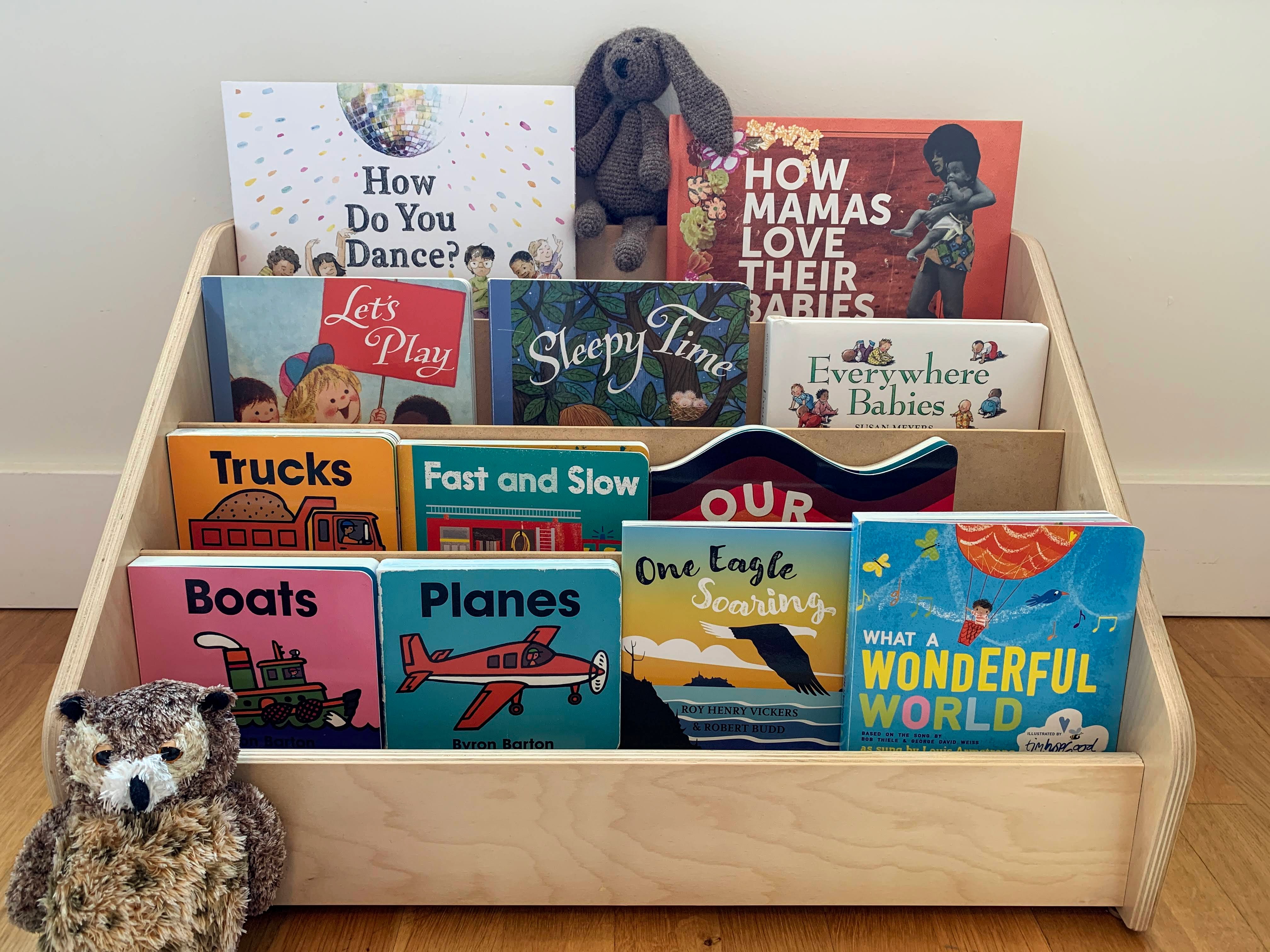 Picture of front-facing bookshelf with children's books