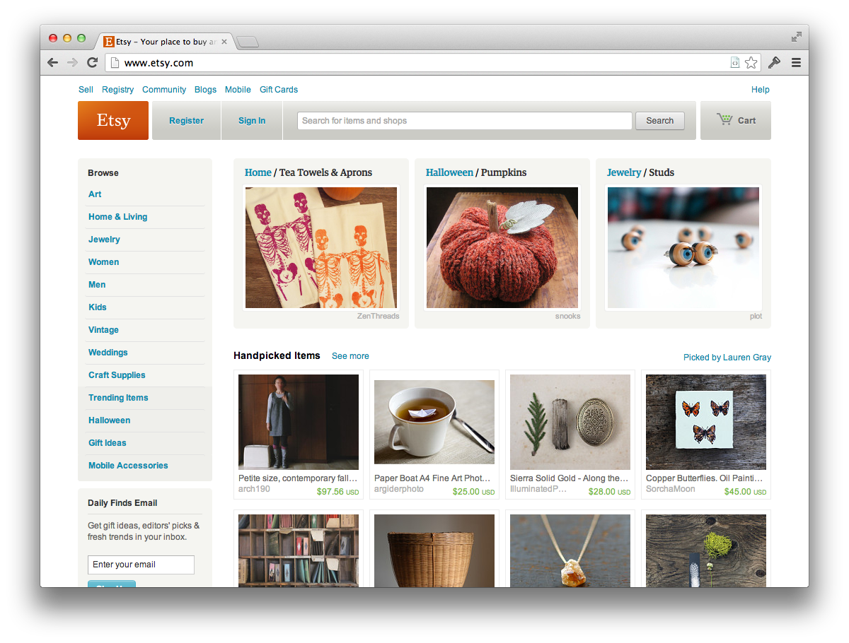 Screenshot of the Etsy homepage: there is no intro text. Instead there are descriptive navigation terms and images of products.