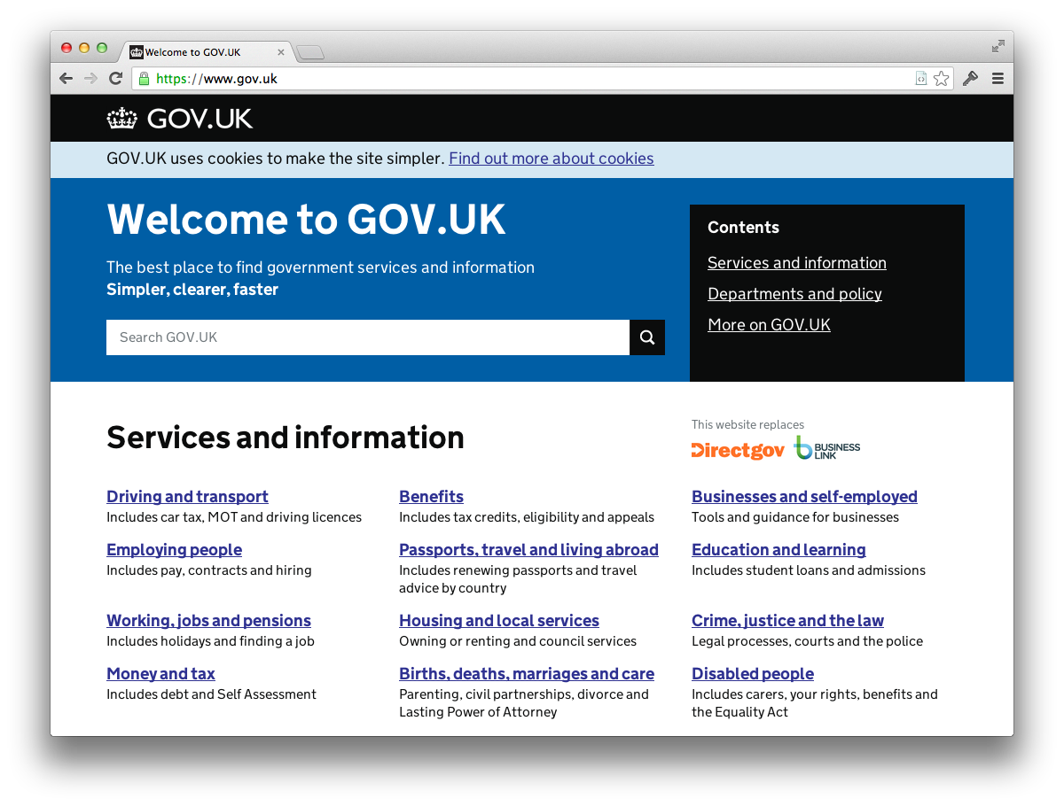 Screenshot of the Gov.uk homepage. Intro text at the top reads: Welcome to GOV.UK. The best place to find government services and information. Simpler, clearer, faster.